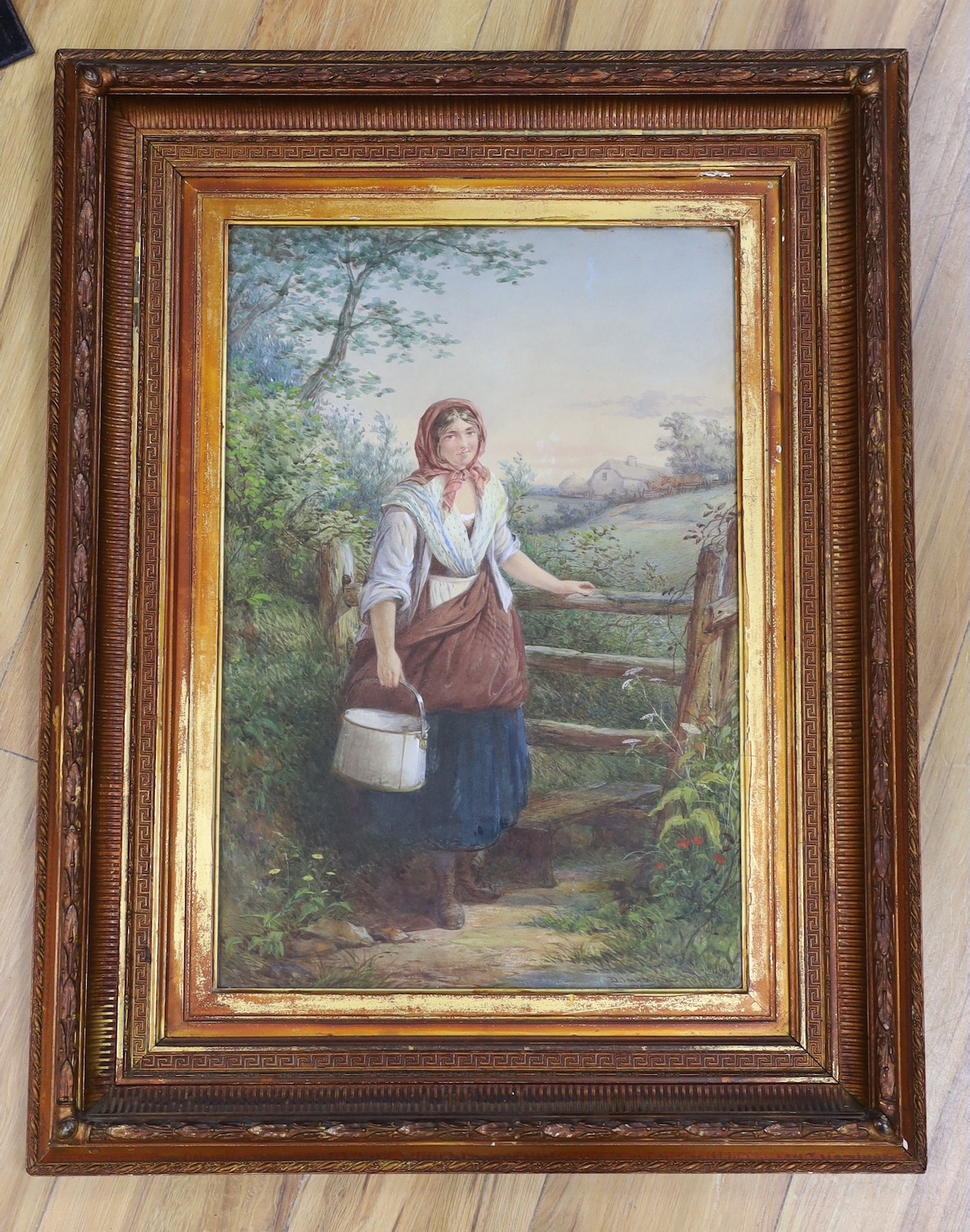 David Hardy (fl.1855-1870), watercolour, County maid beside a stile, signed and dated 1865, 54 x 36cm